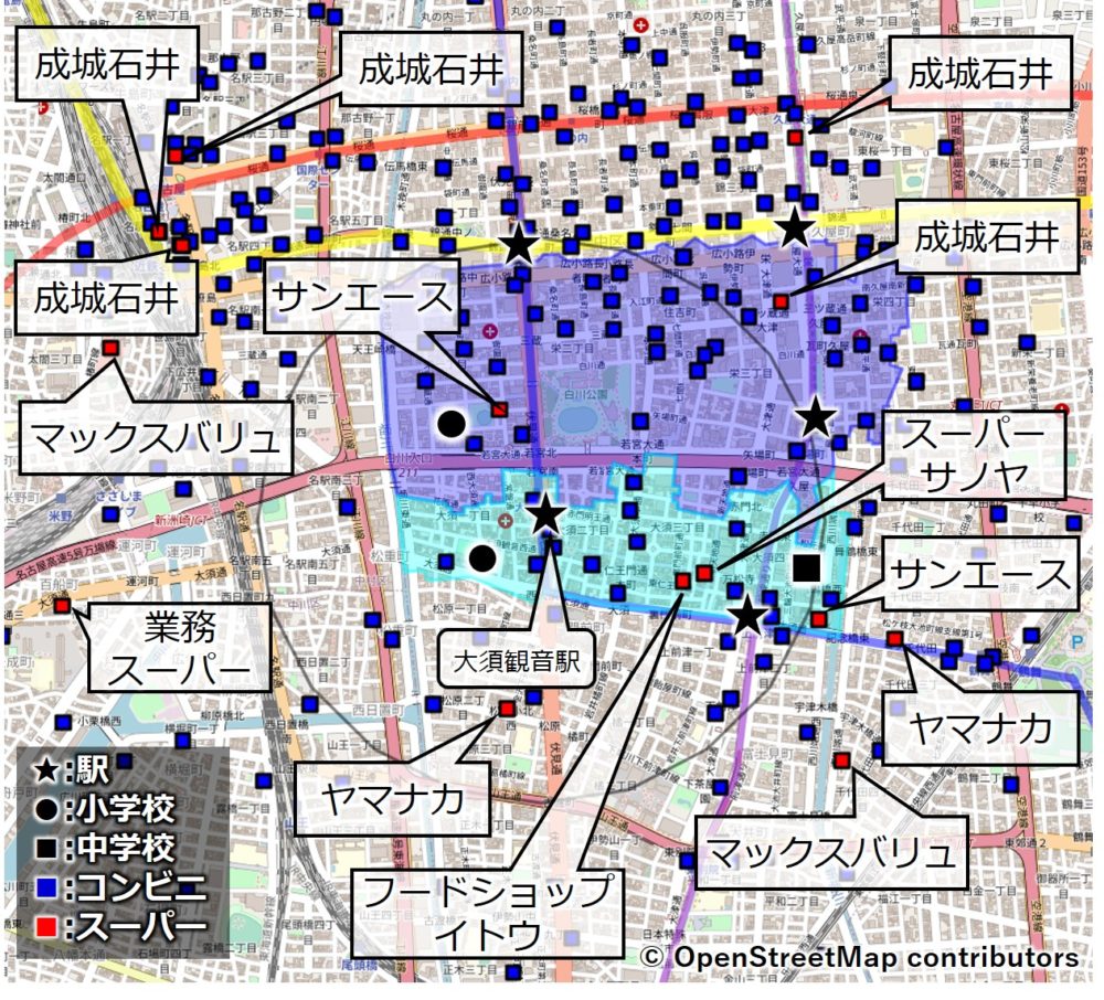 大須観音のコンビニ・スーパーのマップ